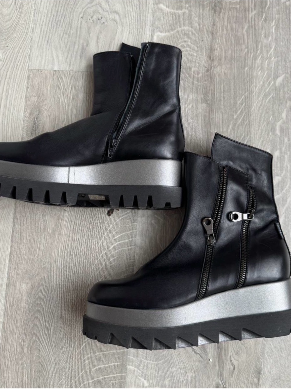 Marc Cain Black Leather Platform Moto Boots with Metallic Silver Midsole